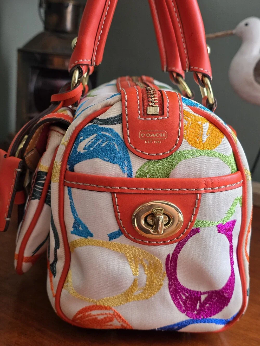 Coach 1857 Legacy Scribble Stitch Turnlock Satchel White Multicolor Bag Y2K